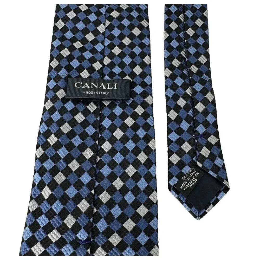 Canali Neck Tie Pure Silk‎ Made in Italy Blue Squares Geometric Mens